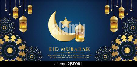 Sfondo banner EID Mubarak. EID Islamic Holiday design templates con mezzaluna e stella. Illustrazione Vettoriale