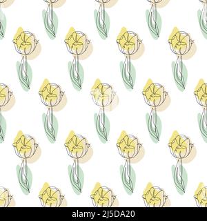 Modello senza cuciture con disegni di fiori a tulipano a linea singola e forme astratte pastello Illustrazione Vettoriale