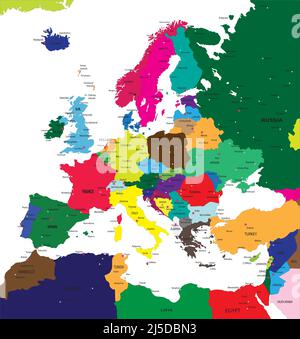 Mappa politica dell'Europa molto dettagliata in formato vettoriale, con tutti i paesi e le principali città." Illustrazione Vettoriale