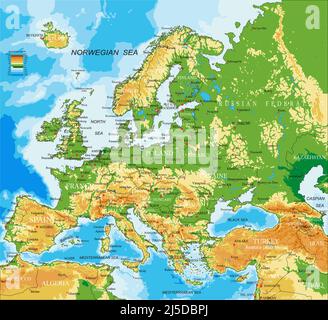 Mappa fisica molto dettagliata dell'Europa, in formato vettoriale, con tutte le forme di rilievo, paesi e grandi città. Illustrazione Vettoriale