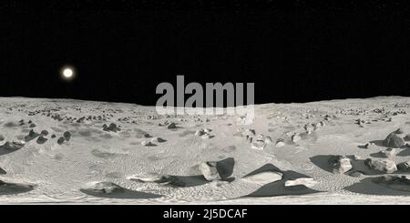 Luna superficie, un paesaggio 360 HDRI panorama sferico per l'esplorazione spaziale 3D ambienti di illustrazione. Foto Stock