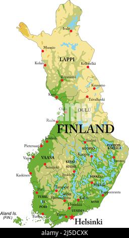 Mappa fisica molto dettagliata della Finlandia, in formato vettoriale, con tutte le forme di rilievo, regioni e grandi città. Illustrazione Vettoriale