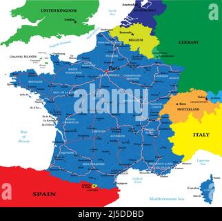 Mappa vettoriale molto dettagliata della Francia con regioni amministrative, principali città e strade Illustrazione Vettoriale