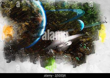 Illustrazione artistica 3D di una scena di fantascienza Foto Stock