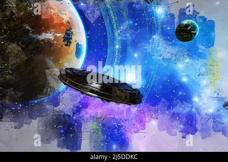 Illustrazione artistica 3D di una scena di fantascienza Foto Stock
