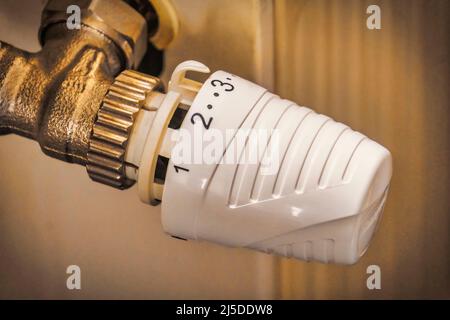 Thermostatventil an einem Heizkörper, Heizung, Energiesparen, Symbolfoto Foto Stock