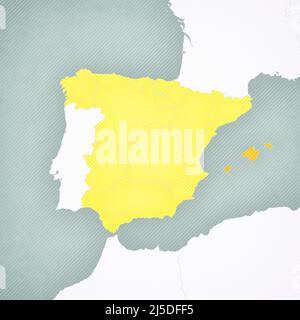 Isole Baleari sulla mappa della Spagna con sfondo vintage a righe morbide. Foto Stock