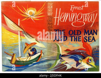 Meravigliosa copertina originale retrò/illustrata di metà secolo di "The Old Man and the Sea", pubblicata nel 1952, scritta dal famoso autore americano Ernest Hemingway. Illustrato da Hans Tisdall. Prima pubblicazione britannica. Foto Stock