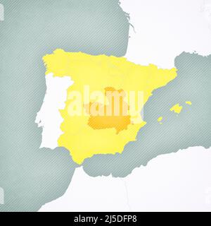 Castilla-la Mancha sulla mappa della Spagna con sfondo vintage a righe morbide. Foto Stock