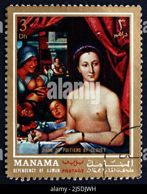 MANAMA - CIRCA 1972: Un francobollo stampato nel Manama mostra Diane de Poitiers, dipinto di Francois Clouet, circa 1972 Foto Stock