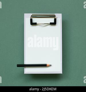 Appunti e fogli di carta su sfondo verde. Vista dall'alto, spazio di copia Foto Stock