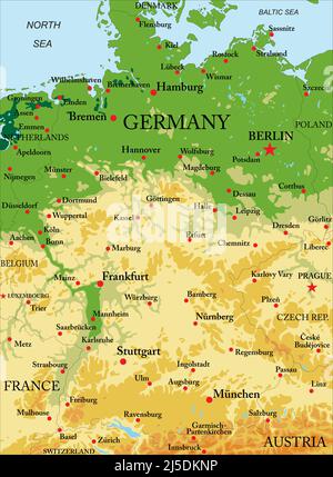Mappa fisica molto dettagliata della Germania, in formato vettoriale, con tutte le forme di rilievo, regioni e grandi città. Illustrazione Vettoriale