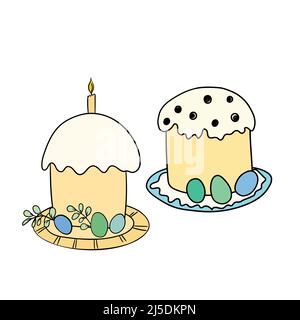 Torta di Pasqua isolato su sfondo bianco. Simbolo di Pasqua felice disegnato a mano. Torta Paschal con candela sul piatto. Cibo dolce per le vacanze. Stile Doodle. Vettore Illustrazione Vettoriale