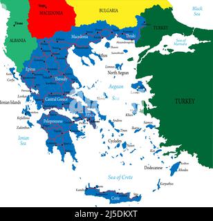 Mappa vettoriale molto dettagliata della Grecia con regioni amministrative, principali città e strade Illustrazione Vettoriale