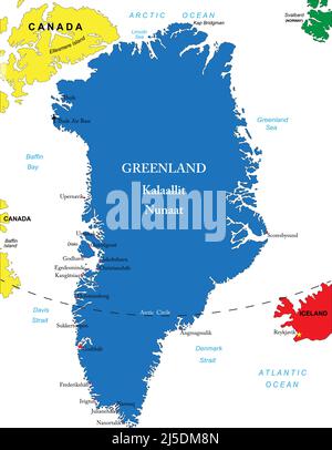Mappa vettoriale molto dettagliata della Groenlandia con regioni amministrative, città principali. Illustrazione Vettoriale