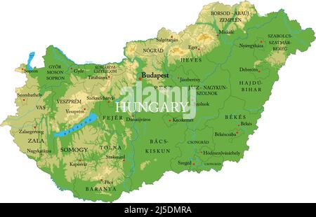 Ungheria-Mappa fisica molto dettagliata, in formato vettoriale, con tutte le forme di rilievo, regioni e grandi città. Illustrazione Vettoriale