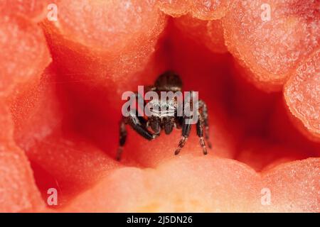 Saltando il ragno all'interno del pomodoro, assomiglia a una bella scena rossa Foto Stock