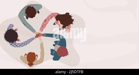 Persone diverse e multiculturali in un cerchio con le mani l'una sopra l'altra. Top view.Diversity People.Racial uguaglianza. Concetto di comunità di lavoro di squadra Illustrazione Vettoriale