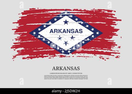 Bandiera degli Stati Uniti dell'Arkansas con effetto tratto pennello e poster di testo informativo, sfondo vettoriale Illustrazione Vettoriale
