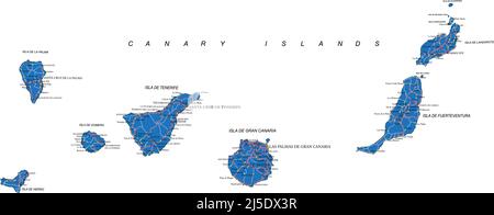 Mappa vettoriale molto dettagliata delle Isole Canarie con regioni amministrative, principali città e strade. Illustrazione Vettoriale