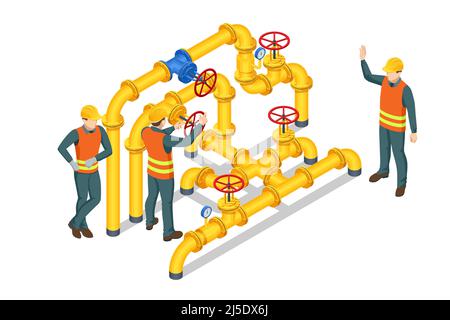 Valvole isometriche e tubazioni, comunicazioni, valvole di arresto, apparecchiature per stazioni di pompaggio gas. Industria del gas, sistema di trasporto del gas. Trasporto Illustrazione Vettoriale