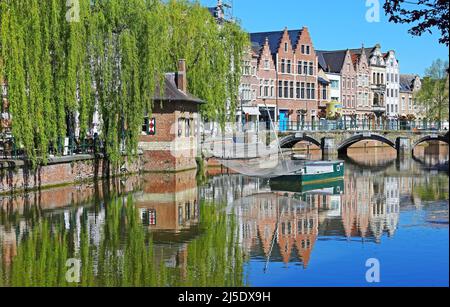 Lier, Belgio - Aprile 9. 2022: Vista sul fossato d'acqua del villaggio, antico ponte di pietra dell'arco, albero di salice piangente, case medievali e torre del castello Foto Stock
