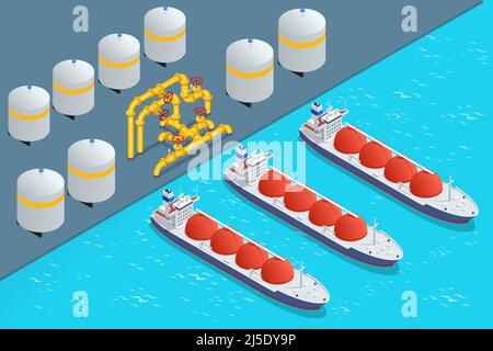 Autocisterna isometrica che carica gas naturale liquefatto presso il terminale di negoziazione. Trasporto, consegna, transito di gas naturale Illustrazione Vettoriale