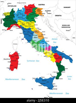 Mappa molto dettagliata dell'Italia con tutte le diverse regioni selezionabili individualmente. Illustrazione Vettoriale