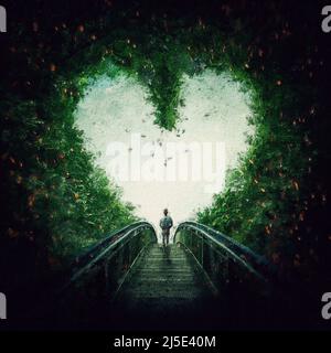 Segui il tuo cuore concetto, bello stile di pittura. La persona malinconica esce da una meravigliosa foresta verde, camminando verso la luce. Surreale e. Foto Stock