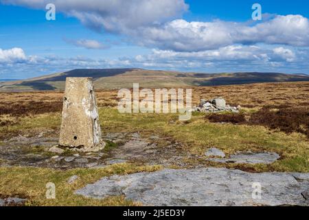 Il Trig Point sulla cima di Firth cadde e Birks cadde sopra la littondale nel Yorkshire Dales. Foto Stock