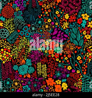 Fagiani esotici con fiori colorati motivo senza giunture su sfondo nero illustrazione vettoriale Illustrazione Vettoriale