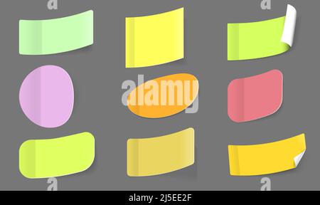Illustrazione vettoriale. Un set di adesivi di diverse forme con angoli curvi. Rotondo, ovale, quadrato, rettangolare. Illustrazione Vettoriale