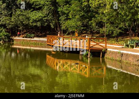 Goiânia, Goias, Brasile – 21 aprile 2022: Ponte sul laghetto di Bosque dos Buritis nella città di Goiania. Foto Stock