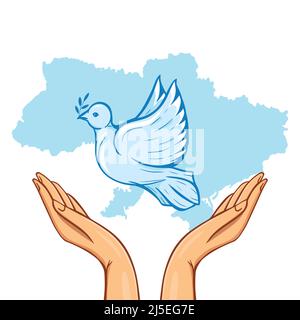 Bianco dove simbolo di Pace su armi umane sollevate. Illustrazione Vettoriale