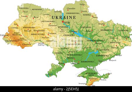 Mappa fisica molto dettagliata dell'Ucraina, in formato vettoriale, con tutte le forme di rilievo, regioni e grandi città. Illustrazione Vettoriale