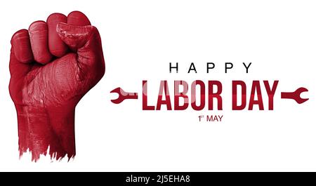 Happy Labor Day 1st maggio Abstract background con Red Painted Fist. Progettazione della copertura del giorno di lavoro Foto Stock