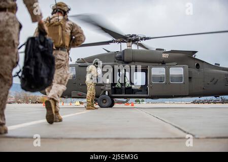 Joint Terminal Attack Controller e Fantry Marines assegnati al Battaglione 1st, 7th Marine Regiment, 1st Marine Division addestrato durante l'esercizio Garnet Rattler presso il principale Orchard Combat Training Center dell'Idaho e il Saylor Creek Ranges 11-29 aprile 2022. L'esercitazione è una missione congiunta fra i marines degli Stati Uniti, i soldati della Guardia Nazionale dell'esercito dell'Idaho, i 124th guardsmen dell'ala del combattimento e i 366th Airmen dell'ala del combattimento dalla base aerea domestica della montagna per addestrare e qualificare i JTAC marini per essere più efficienti e letali in un ambiente di addestramento realistico. Le gamme dell'Idaho supportano questo ambiente realistico. O Foto Stock