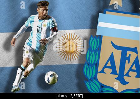 Lionel messi, la bandiera dell'Argentina e lo scudo dell'Associazione del calcio argentino (AFA) Foto Stock