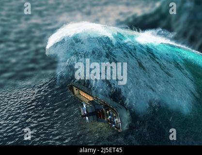 Onde canaglia affondando una nave da carico, illustrazione Foto Stock