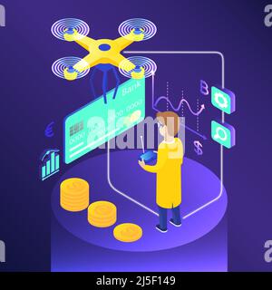 Consegna con carta di credito isometrica. Pilota drone, pile di monete, tasso di valuta. Concetto bancario. Illustrazione del vettore isometrico infografico sul retro viola Illustrazione Vettoriale