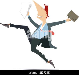 Felice uomo d'affari in esecuzione con carte e illustrazione borsa. Sorridente persona felice di successo o la fine del lavoro isolato su sfondo bianco Illustrazione Vettoriale