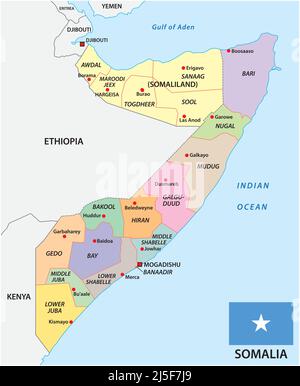 Mappa vettoriale amministrativa del paese dell'africa orientale della somalia Illustrazione Vettoriale