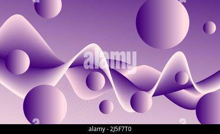 Futuristico viola, viola, rosa fluido, sfere volanti. Sfondo colorato, sfumatura morbida. Pattern di forma d'onda fluente. Design astratto. Modello di pagina di destinazione Foto Stock