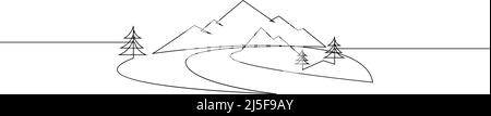 Paesaggio di montagna con fiume e abeti. Disegno minimalista a linea singola continua. Grafica da viaggio. Illustrazione vettoriale. Nero su bianco Illustrazione Vettoriale