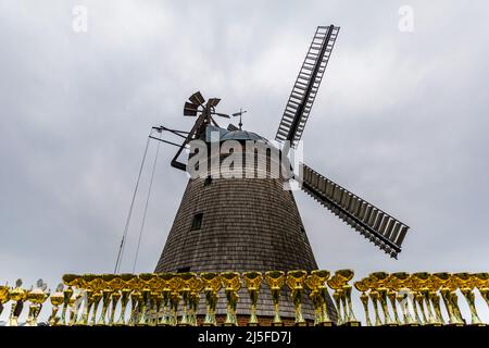 Straupitz, Germania. 22nd Apr 2022. I trofei dei vincitori si trovano di fronte allo storico Bockwindmühle di Straupitz, il punto di partenza del cronometro individuale per pattinatori e ciclisti. "Sul cetriolo, mettiti in piedi, vai!" È il motto dopo una pausa di due anni e quest'anno per la stagione 20th alla Maratona Spreewald. Credit: Frank Hammerschmidt/dpa/Alamy Live News Foto Stock