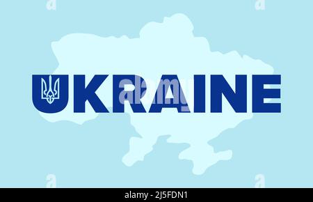 Testo stilizzato in grassetto per l'Ucraina con il simbolo del tridente nazionale sulla mappa Ucraina. Design dell'illustrazione concettuale. Illustrazione Vettoriale