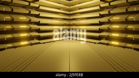 Pannelli incandescenti Cyber Neon arancione giallo Vibrant Fluorescent laser Lights incandescente Dark Corridor Hallway Room Glossy concrete Grunge Stage Podium 3D Ren Foto Stock