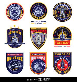 Set di icone vettoriali dello spazio. Elementi di design, badge, logo ed emblema su sfondo bianco. Il concetto di viaggio spaziale Illustrazione Vettoriale