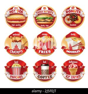 Set vettoriale di logo fast food, adesivi, realizzati in uno stile realistico Illustrazione Vettoriale