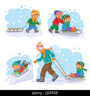 Una serie di icone vettoriali di bambini piccoli sledding Illustrazione Vettoriale